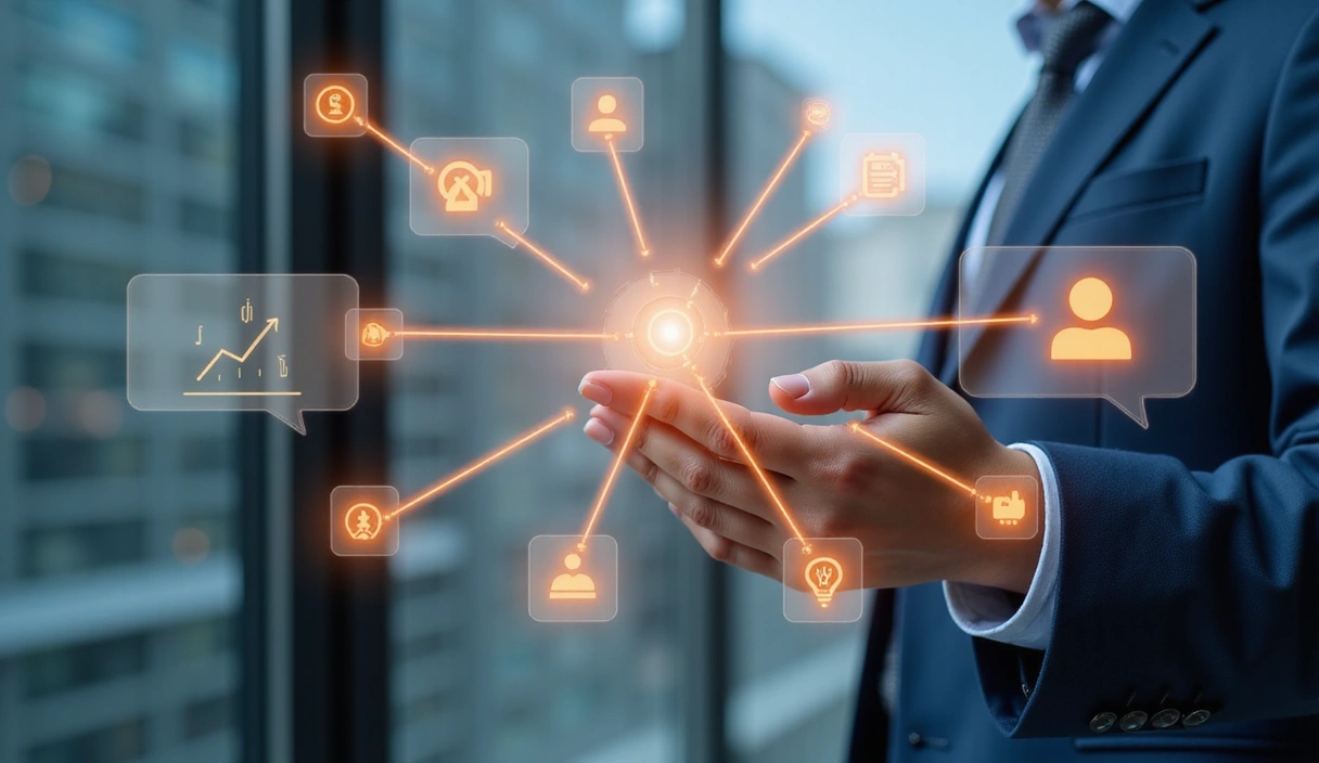 A modern, clean communication interface with speech bubbles and digital connections, symbolizing easy and effective communication.