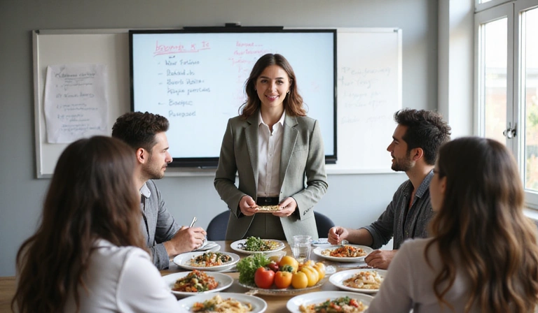 A nutritionist leading an interactive workshop on healthy eating for employees in a modern office setting.