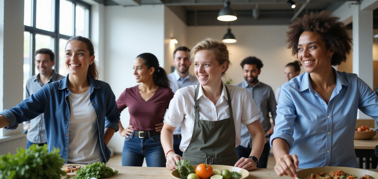Diverse group of professionals engaging in a corporate wellness activity, possibly a healthy cooking class or light exercise session in an office setting.