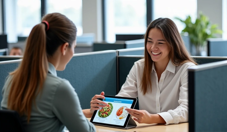 Employee receiving a desk-side nutrition consultation from a nutritionist in an office cubicle.