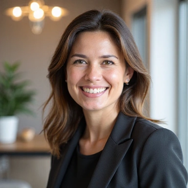 A professional, friendly portrait of a female nutritionist with a warm smile, wearing professional attire in a bright, welcoming office setting.