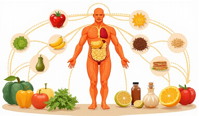 An illustration of the human body with various food groups (fruits, vegetables, proteins) being absorbed, symbolizing the impact of nutrition on health.