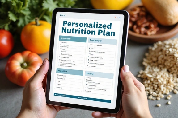 Hand holding a tablet displaying a personalized nutrition plan, with healthy ingredients in the background