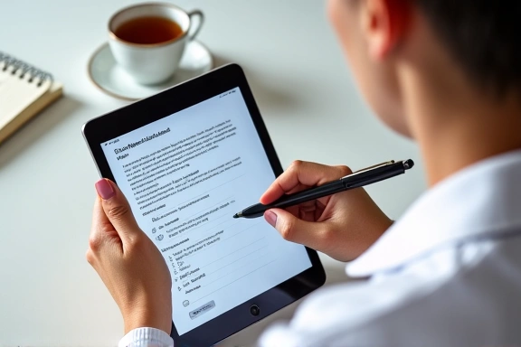 Person filling out a health questionnaire on a tablet, with a cup of tea, indicating preparation for a consultation