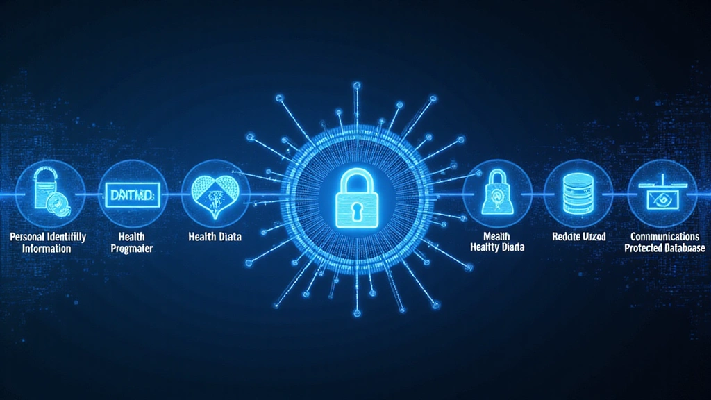 Digital representation of various types of data being collected, including personal, health, and technical data, flowing securely into a central database