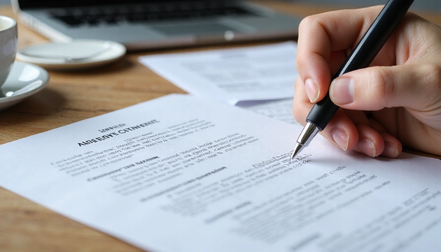 Close-up of a hand signing a legal document with a pen, surrounded by other legal papers and a laptop, symbolizing agreement and digital contracts.
